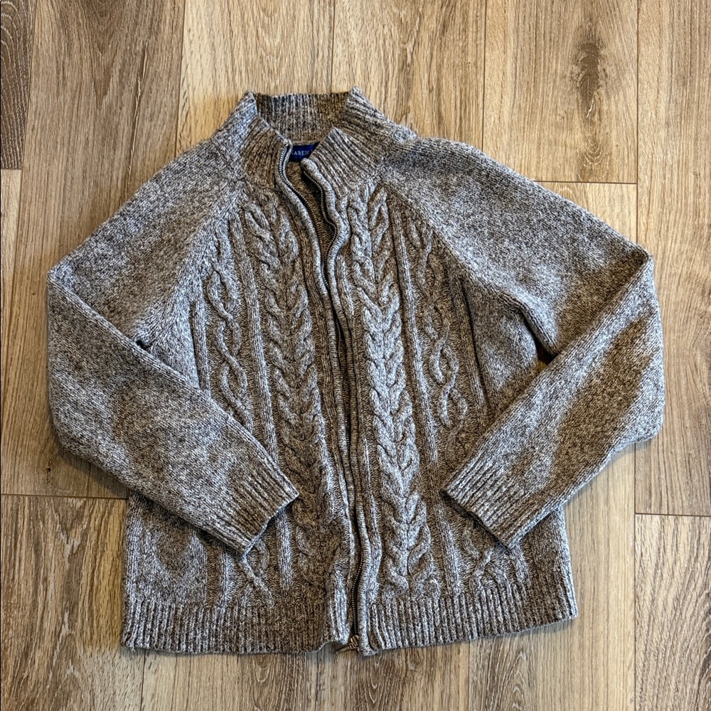 Karen Scott vintage knit zip up sweater size medium 55% cotton taupe marl color